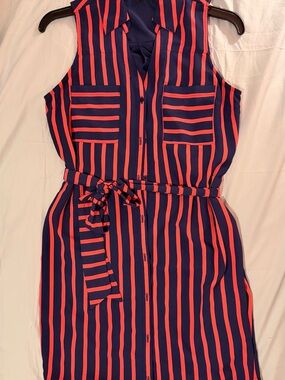 Express Navy and Coral Striped Sleeveless Shirt Dress